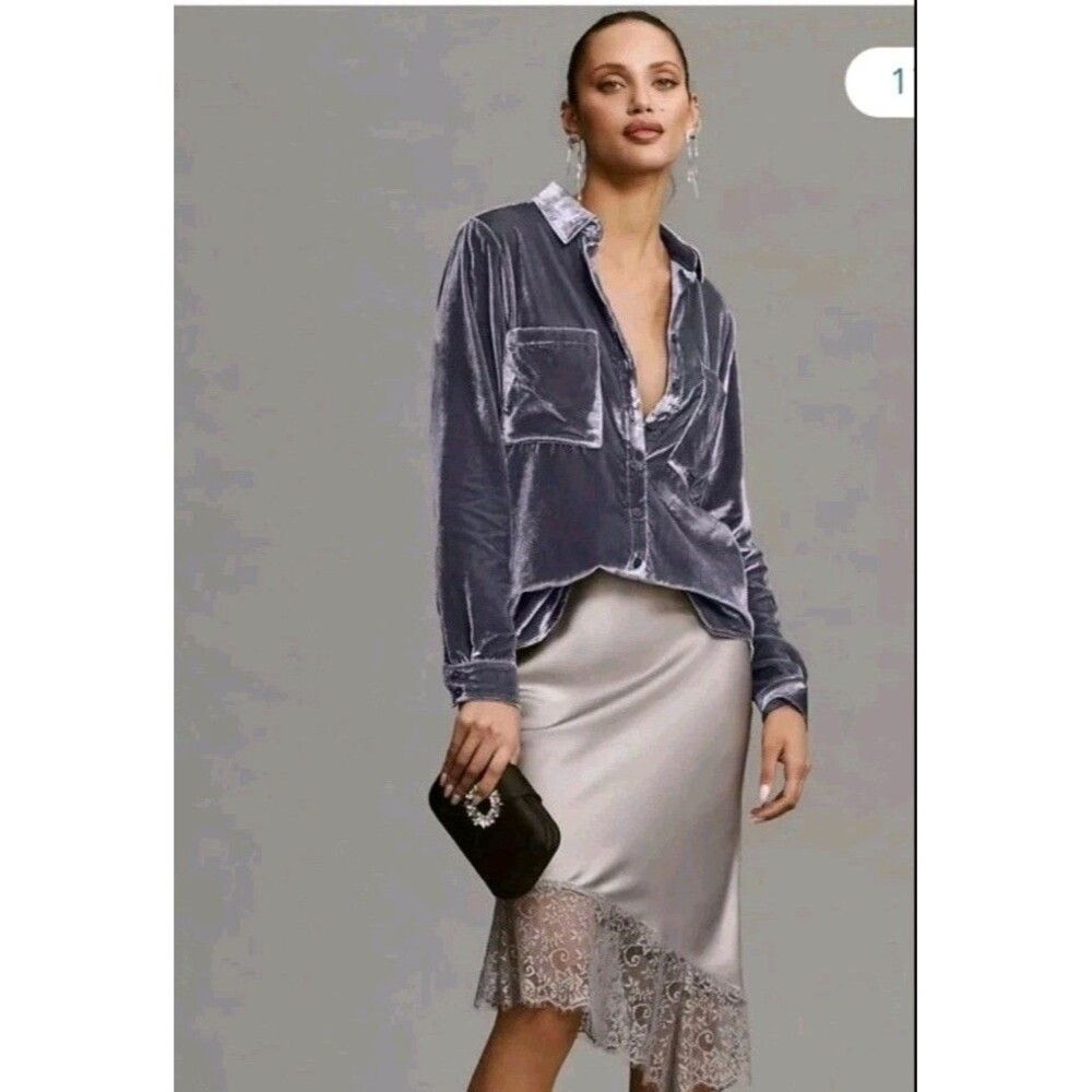 Anthropologie Pilcro Top Gray Velvet Hadley Relaxed Fit Button Down Shirt Size M